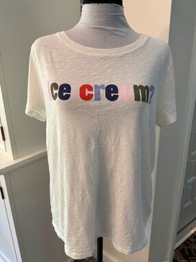 J Crew White 'Ice Cream?' Graphic Tee with Multicolor Lettering 100% Cotton XL